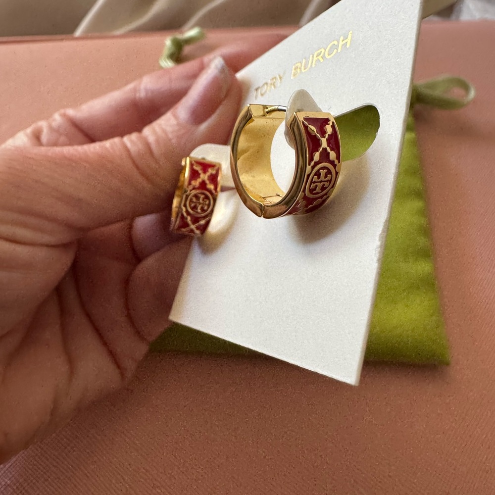 Tory Burch Red and Gold Patterned Earrings